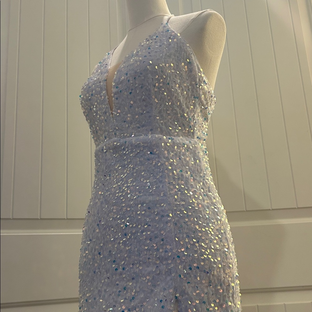 White Sequin Mini Dress Sleeveless Plunging V-Neck Mesh Yoke Back Lace Ties M - Picture 12 of 15